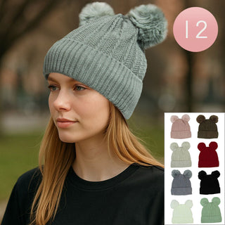 12PCS - Double Pom Pom Knit Winter Beanie Hats