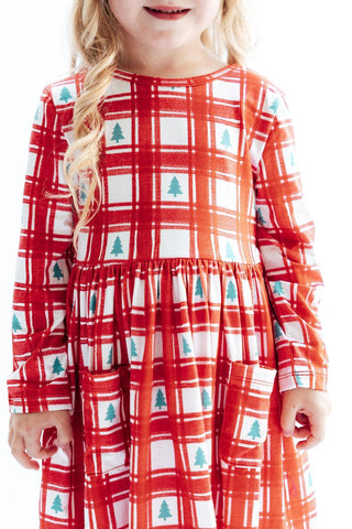 Plaid Trees L/S Pocket Twirl Dress