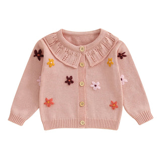 Baby Toddler Girls Cardigan Sweater 3D Flower Design Button Down Long Sleeve Knitted Top