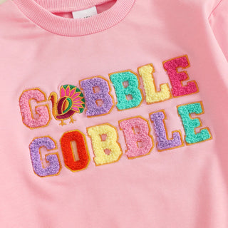 Baby Toddler Girls 2Pcs Thanksgiving Outfit Long Sleeve Turkey Gobble Embroidery Top + Pants Jogger Set Clothes