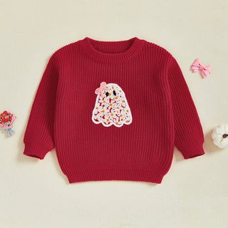 Baby Toddler Kids Girl Halloween Sweater Long Sleeve Round Neck Ghost Flower Embroidery Knit Pullover Top
