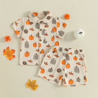 Baby Boys Halloween Outfits Pumpkin Print Button Short Sleeves T-Shirt and Elastic Shorts Set Clothes Set