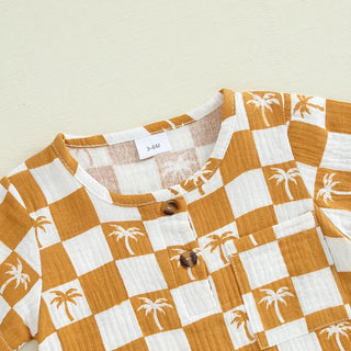 Baby Boy Romper Summer Short Sleeve Round Neck Checkered Tree Print Jumpsuit Playsuit