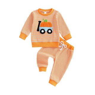 Baby Toddler Boy Girl 2Pcs Halloween Outfit Pumpkin Embroidery Boo Ghost Striped Long Sleeve Top and Elastic Jogger Pants Set