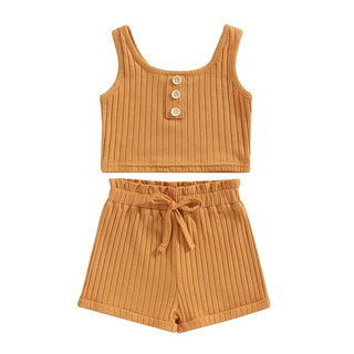 Baby Toddler Girls 2Pcs Summer Outfit Solid Button Tank Top and Ribbed Drawstring Shorts