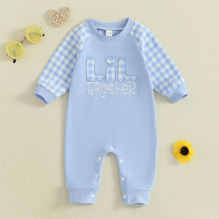 Baby Toddler Boy Lil Brother Fall Romper Plaid Print Letter Embroidery Long Sleeve Round Neck Full Length Jumpsuit