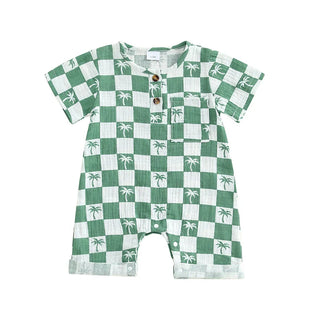 Baby Boy Romper Summer Short Sleeve Round Neck Checkered Tree Print Jumpsuit Playsuit