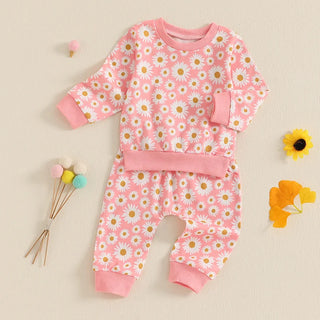 Baby Toddler Girls 2Pcs Fall Outfit Daisy Flower Print Long Sleeve Crewneck Top and Elastic Pants Jogger Set