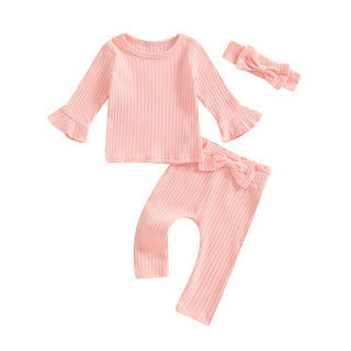 Baby Toddler Girls 3Pcs Outfit Long Flared Sleeve Round Neck Solid Color Top Ribbed Pants Headband Set