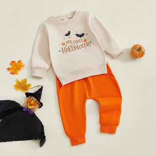 Baby Toddler Boys 2Pcs My First Halloween Outfit Letter Print Long Sleeve Top with Bat Embroidered Jogger Pants Set