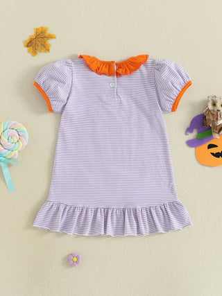 Baby Toddler Kids Girl Halloween Striped Dress Pumpkin Black Cat Embroidered Short Sleeve Ruffled Dress Cute Fall Clothes