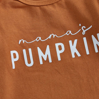 Baby Girls 4Pcs Halloween Outfit Letter Mama's Pumpkin Long Sleeve Romper Pumpkin Ruffle Shorts Skirt Bow Headband Solid Stockings Set