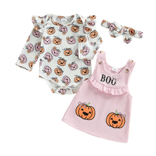 Baby Girls 3Pcs Halloween Outfit Pumpkin Print Long Sleeves Romper and Overall Tank Dress Bow Headband Set
