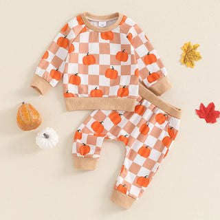 Baby Toddler Boys Girls 2Pcs Halloween Thanksgiving Outfit Checkered Pumpkin Print Long Sleeve Top and Long Pants Set