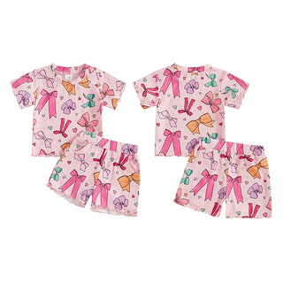 Baby Toddler Kids Girls 2Pcs Summer Outfit Bow Print Crew Neck Short Sleeve T-Shirt Top Frilly Shorts Clothes Set