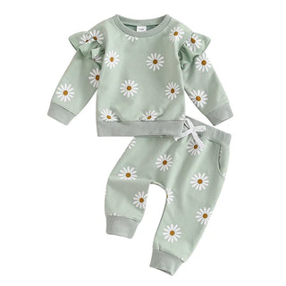 Baby Toddler Girls 2Pcs Fall Outfit Daisy Flower Print Long Sleeve Top with Elastic Waist Pants Set