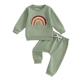 Baby Toddler Girls 2Pcs Outfit Embroidery Rainbow Long Sleeve Crew Neck Top with Elastic Waist Pants Set