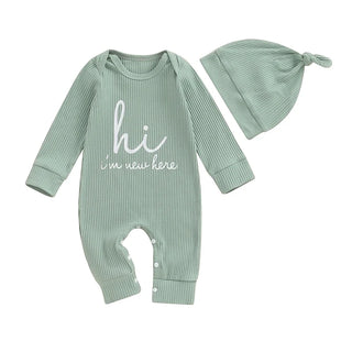 Baby Boys Girls 2Pcs Hi I'm New Here Romper Letter Print Long Sleeve Crew Neck Jumpsuit Bodysuit with Hat Set