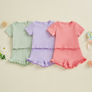 Baby Toddler Girls 2Pcs Ribbed Outfit Solid Color Short Sleeve T-Shirt Top Elastic Waist Ruffle Shorts Set