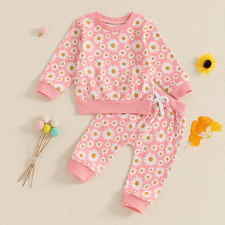 Baby Toddler Girls 2Pcs Fall Outfit Daisy Flower Print Long Sleeve Crewneck Top and Elastic Pants Jogger Set
