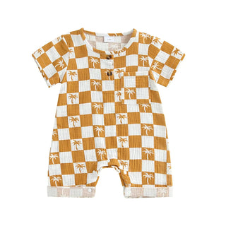 Baby Boy Romper Summer Short Sleeve Round Neck Checkered Tree Print Jumpsuit Playsuit