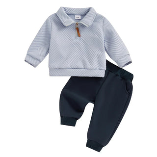 Baby Toddler Boys 2Pcs Autumn Outfit Set Long Sleeve Lapel Half Zip Up Pullover Solid Color Pants Set
