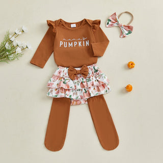 Baby Girls 4Pcs Halloween Outfit Letter Mama's Pumpkin Long Sleeve Romper Pumpkin Ruffle Shorts Skirt Bow Headband Solid Stockings Set