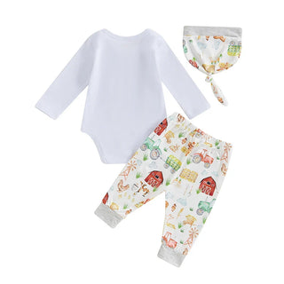 Baby Boys Girls 3Pcs New To The Farm Long Sleeve Crew Neck Letter Barn Print Romper with Animal Print Long Pants and Hat Set