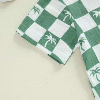 Baby Boy Romper Summer Short Sleeve Round Neck Checkered Tree Print Jumpsuit Playsuit