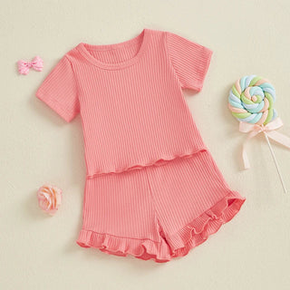 Baby Toddler Girls 2Pcs Ribbed Outfit Solid Color Short Sleeve T-Shirt Top Elastic Waist Ruffle Shorts Set
