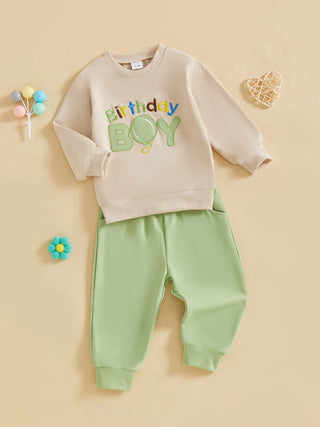 Baby Toddler Boy 2Pcs Birthday Boy Outfit Letter Ballon Embroidery Long Sleeve Pullover Crewneck Top Elastic Waist Solid Pants Jogger Set