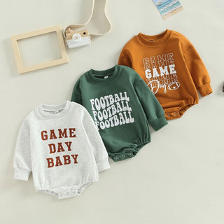 Infant Baby Boys Girls Bodysuit Long Sleeve Crew Neck Game Day Baby Football Print Jumpsuit Bubble Romper