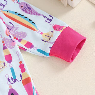 Baby Boys Girls Autumn Casual Romper Long Sleeve Crew Neck Fish Print Zipper Jumpsuit