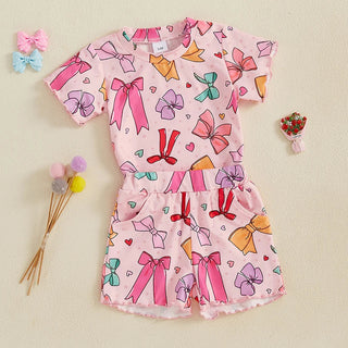 Baby Toddler Kids Girls 2Pcs Summer Outfit Bow Print Crew Neck Short Sleeve T-Shirt Top Frilly Shorts Clothes Set