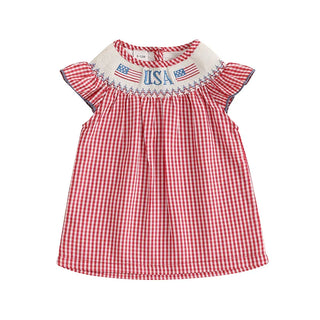 Baby Toddler Girls 4th of July Dress Loose Fit Plaid American Flag Embroidery Smocked Crew Neck Flying Sleeve Dress