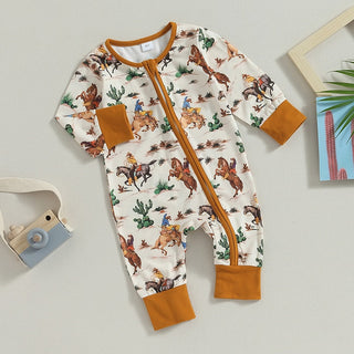 Baby Boys Girls Jumpsuit Long Sleeve Cow/Horse Print Zipped Autumn Romper Clothes