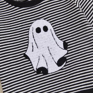 Baby Toddler Boys 2Pcs Halloween Outfit Ghost Embroidery Striped Long Sleeve Top and Elastic Pants Clothes Set