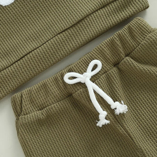 Baby Toddler Boys 2Pcs Little Dude Waffle Outfit Letter Embroidery Long Sleeve Top with Elastic Waist Solid Pants Set