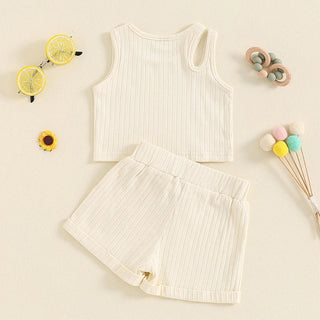 Baby Toddler Girls 2Pcs Ribbed Tank Top Elastic Waistband Drawstring Shorts Matching Outfit Set