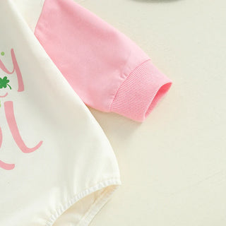 Baby Girls Lucky Girl Spring St. Patrick's Day Bubble Romper Long Sleeve Crewneck Shamrock Horseshoe Print Bodysuit