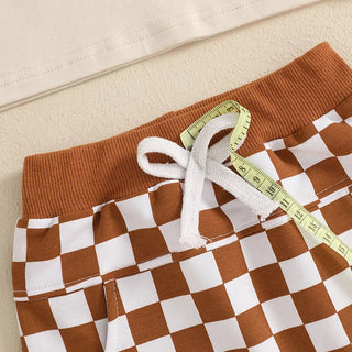 Baby Toddler Boys 2Pcs Dad's Little Dude Summer Outfit Letter Print Short Sleeve T-Shirt Top and Elastic Checkered Print Shorts Set