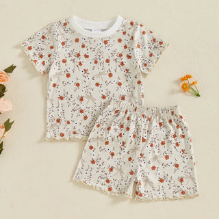 Baby Toddler Girls 2Pcs Set Floral Print Lettuce Trim Short Sleeve T-shirt Top Elastic Waist Shorts Summer Clothes Outfit