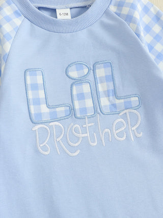 Baby Toddler Boy Lil Brother Fall Romper Plaid Print Letter Embroidery Long Sleeve Round Neck Full Length Jumpsuit