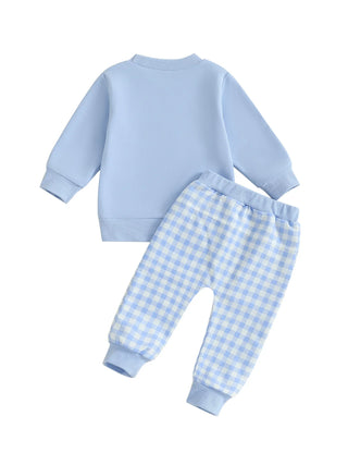 Baby Toddler Boys 2Pcs Fall Outfit Letter Embroidery Big Brother Long Sleeve Top and Elastic Plaid Pants Clothes