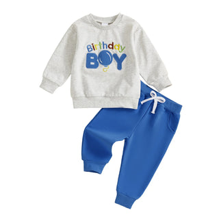 Baby Toddler Boy 2Pcs Birthday Boy Outfit Letter Ballon Embroidery Long Sleeve Pullover Crewneck Top Elastic Waist Solid Pants Jogger Set