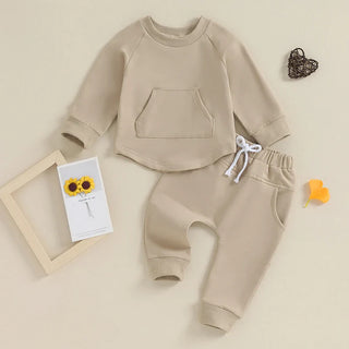 Toddler Baby Boy Girl 2Pcs Set Crewneck Solid Color Long Sleeve Top with Pocket Jogger Pants Outfit