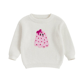 Baby Toddler Kids Girl Halloween Sweater Long Sleeve Round Neck Ghost Flower Embroidery Knit Pullover Top