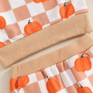 Baby Toddler Boys Girls 2Pcs Halloween Thanksgiving Outfit Checkered Pumpkin Print Long Sleeve Top and Long Pants Set