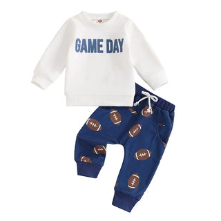 Baby Toddler Boys 2Pcs Game Day Autumn Outfit Long Sleeve Letter Print Pullover Tops Football Print Long Pants Set