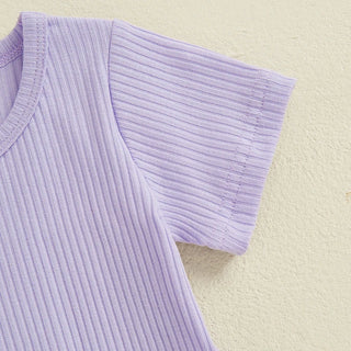 Baby Toddler Girls 2Pcs Ribbed Outfit Solid Color Short Sleeve T-Shirt Top Elastic Waist Ruffle Shorts Set